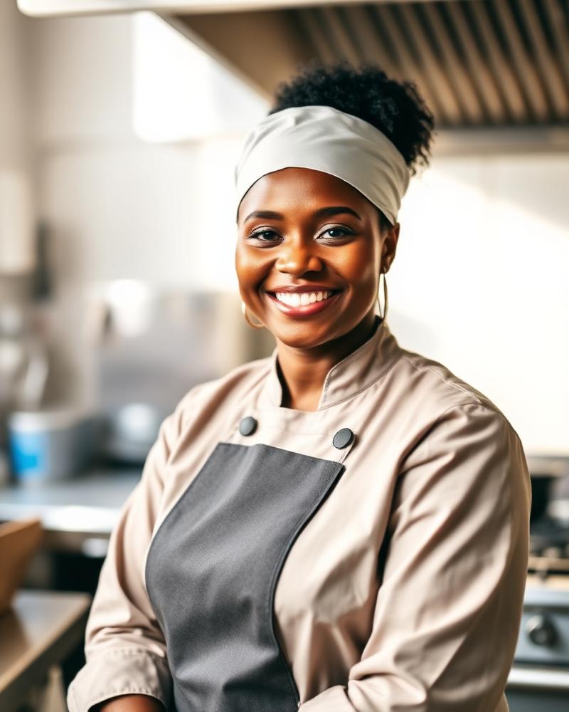 Warm portrait of a Nigerian woman chef smiling in a professional kitchen