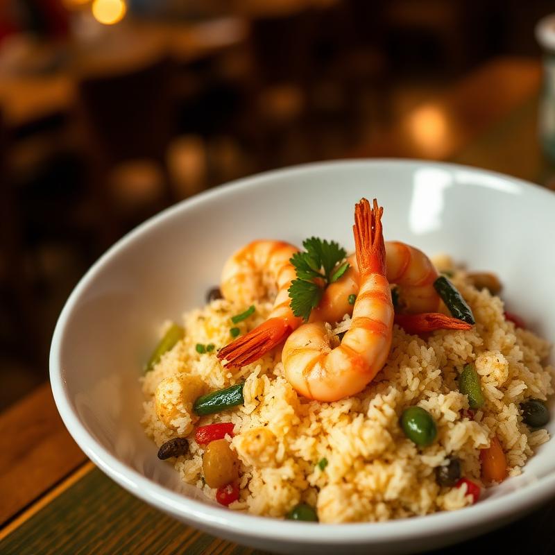 Fried rice with prawns and seasonal vegetables