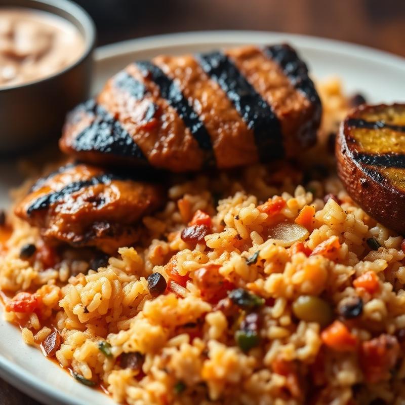 Close up of smoky Jollof rice with grilled turkey and fried plantain